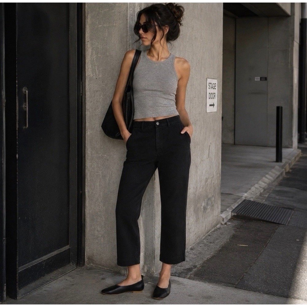 Quince Pants Womens 12 32x25 Organic Cotton Cropped Straight Leg Stretch Black